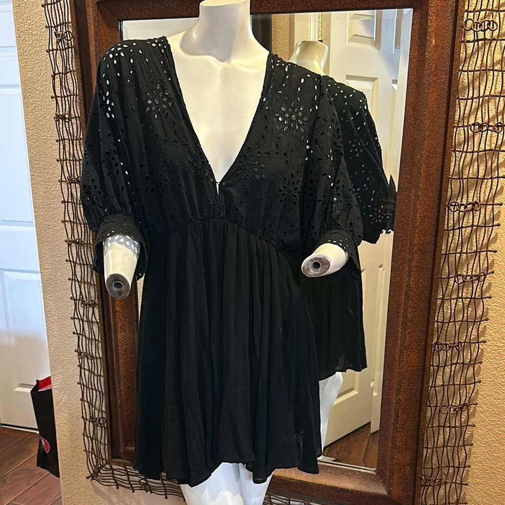 Olivaceous Black Eyelet Mini Dress